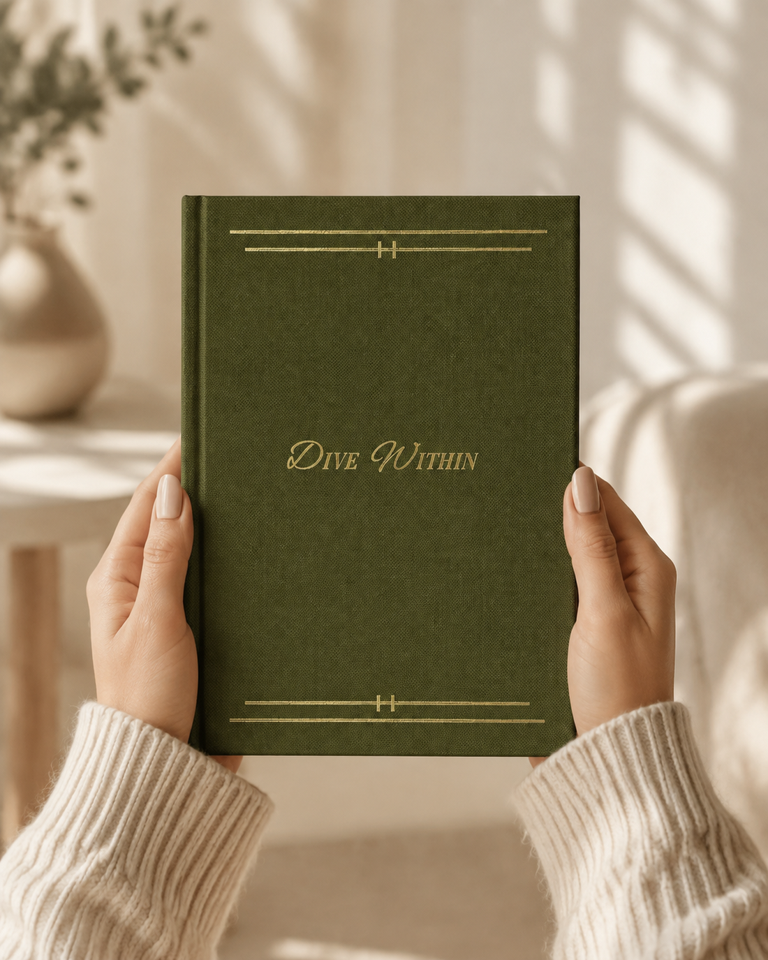 Hands holding the green Dive Within journal in a sunlit room