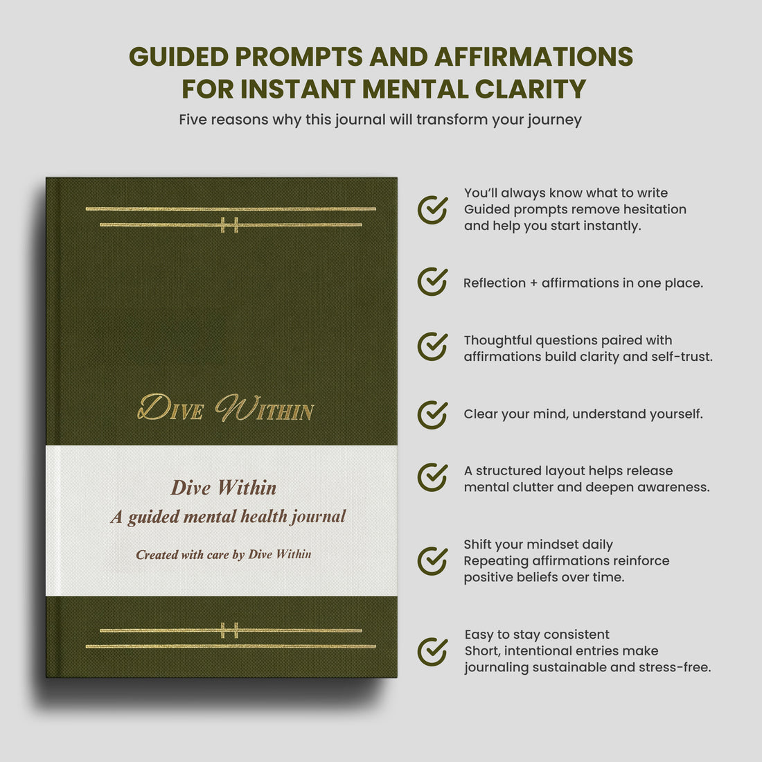 Dive Within green mental health journal with gold foil cover and benefits list