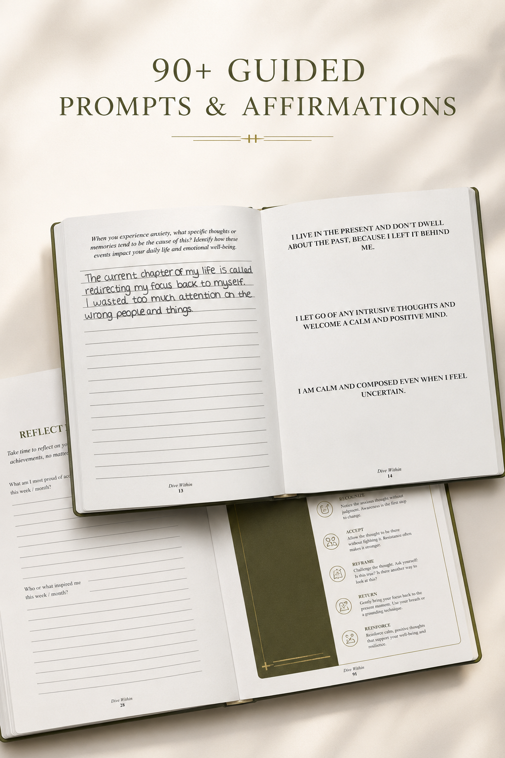 Stacked open pages of the Dive Within journal showing 90+ guided prompts