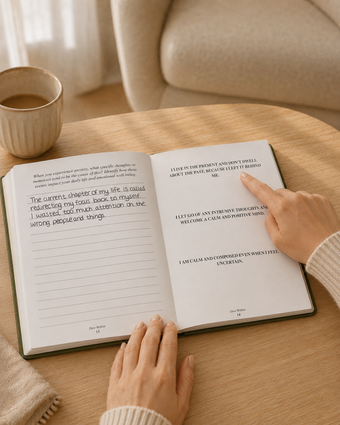 Person reading affirmations in an open Dive Within journal on a wooden table