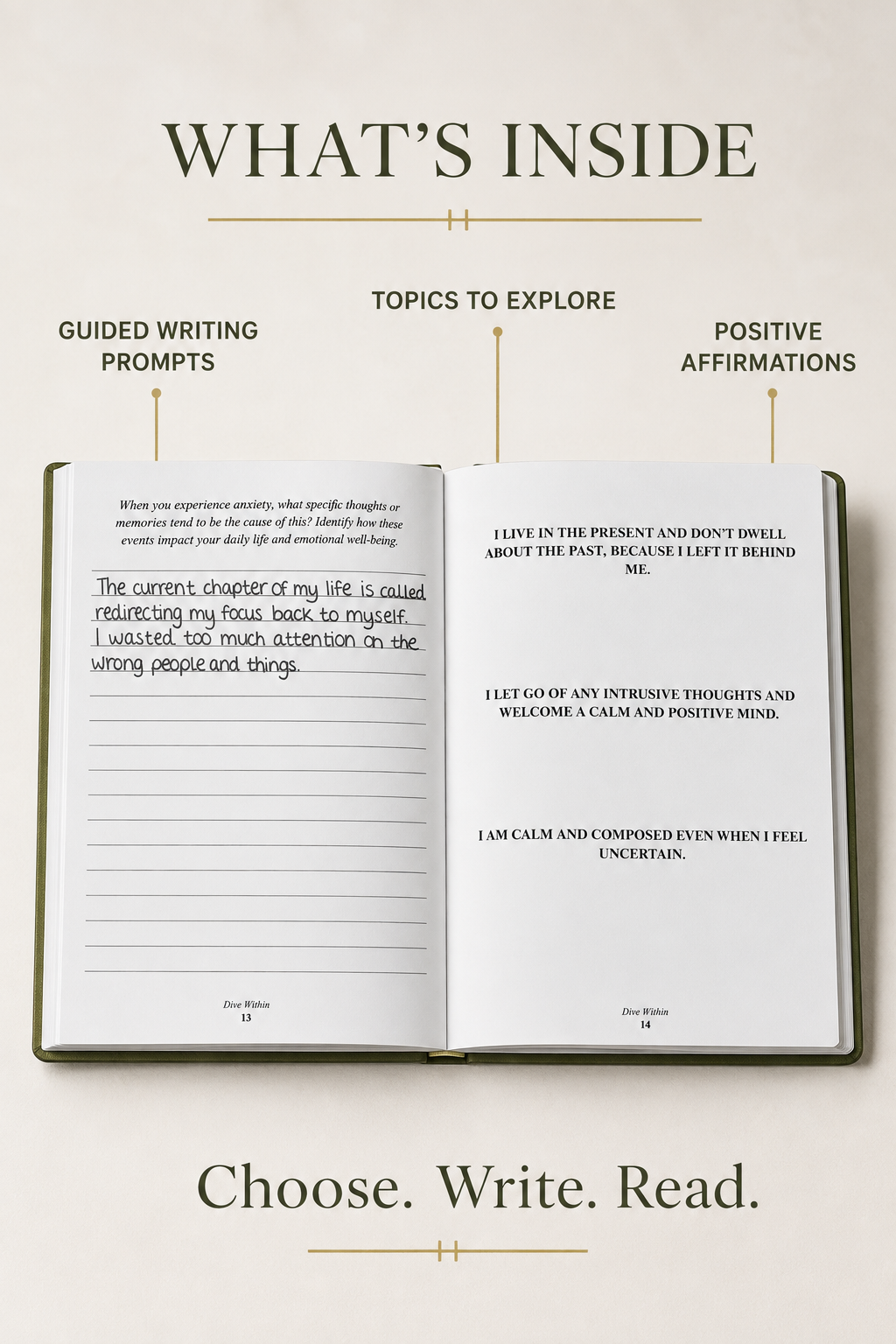 Open Dive Within journal showing guided prompts and positive affirmations
