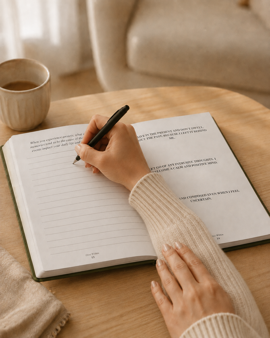 Person writing in the open Dive Within journal at a wooden table